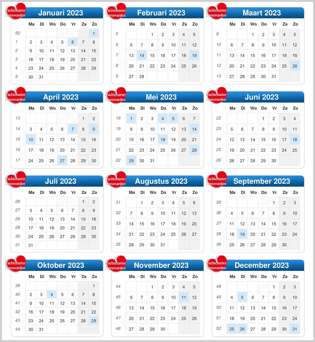 Kalender Yachtcharter Leeuwarden